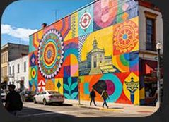 Colourful large-scale mural printed on a city building — urban public art wall printing